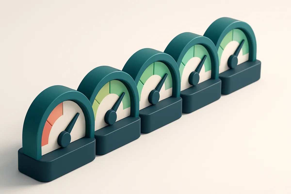 a row of five gauges, each showing a different data quality level (from red to green)