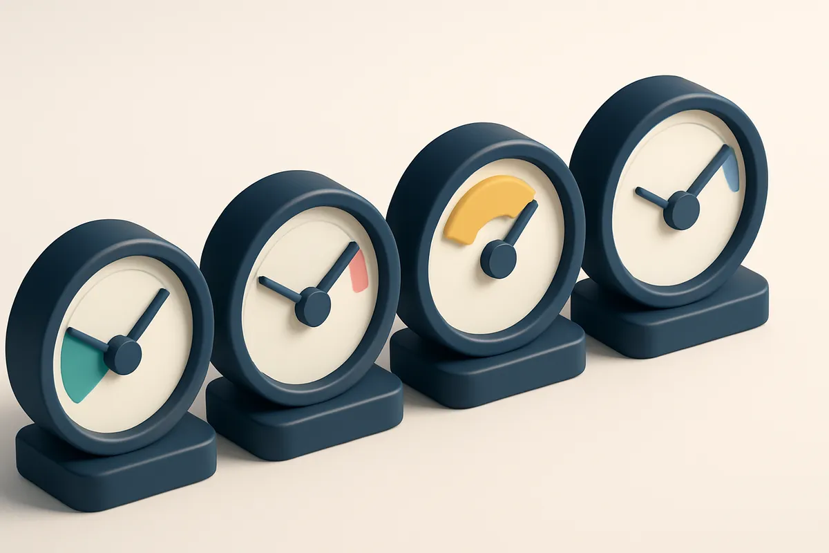 A row of four gauges, each showing a different status: green (valid), red (invalid), yellow (risky), blue (catch-all)