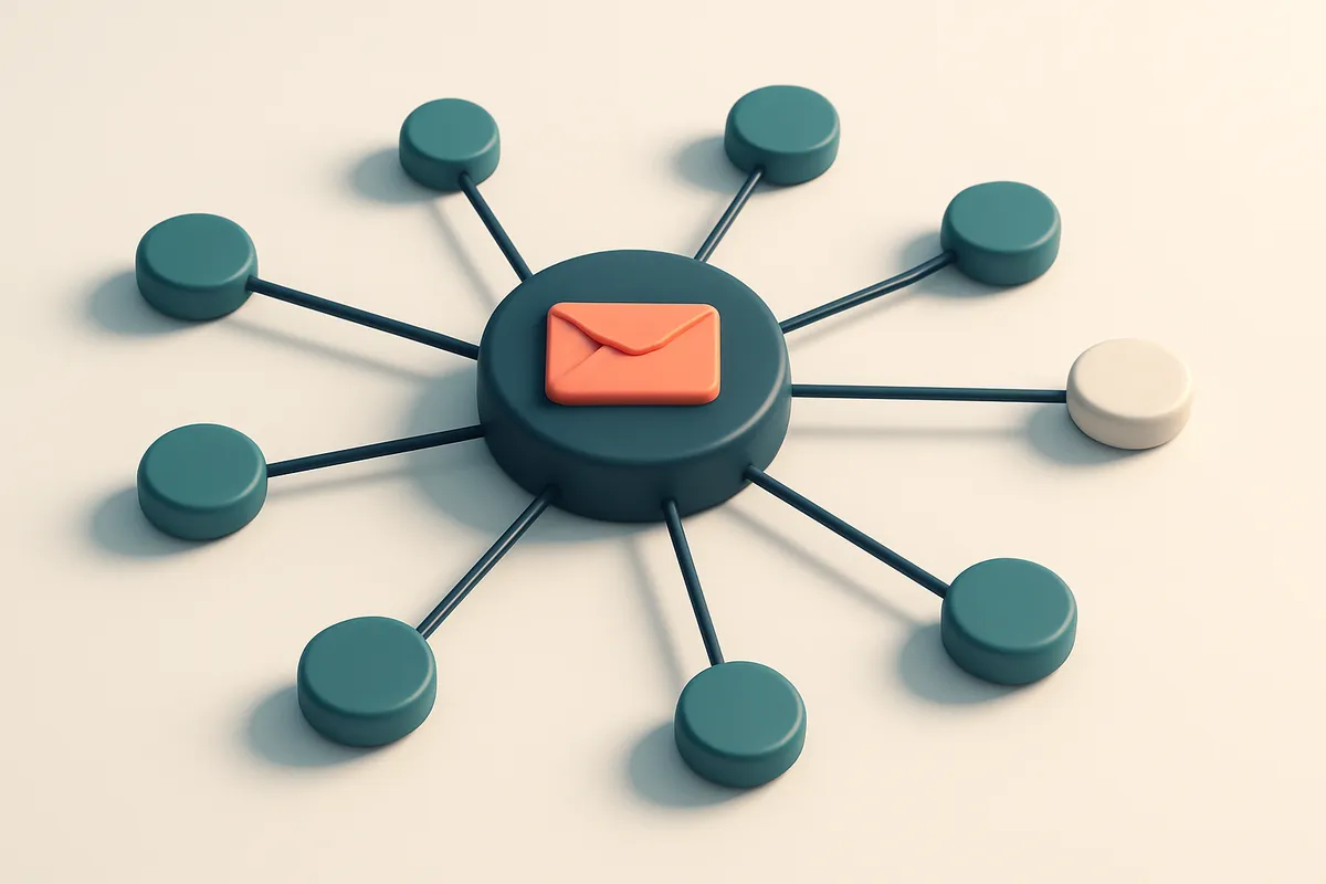 a network of small circular nodes connected by lines, symbolizing interconnected newsroom email addresses