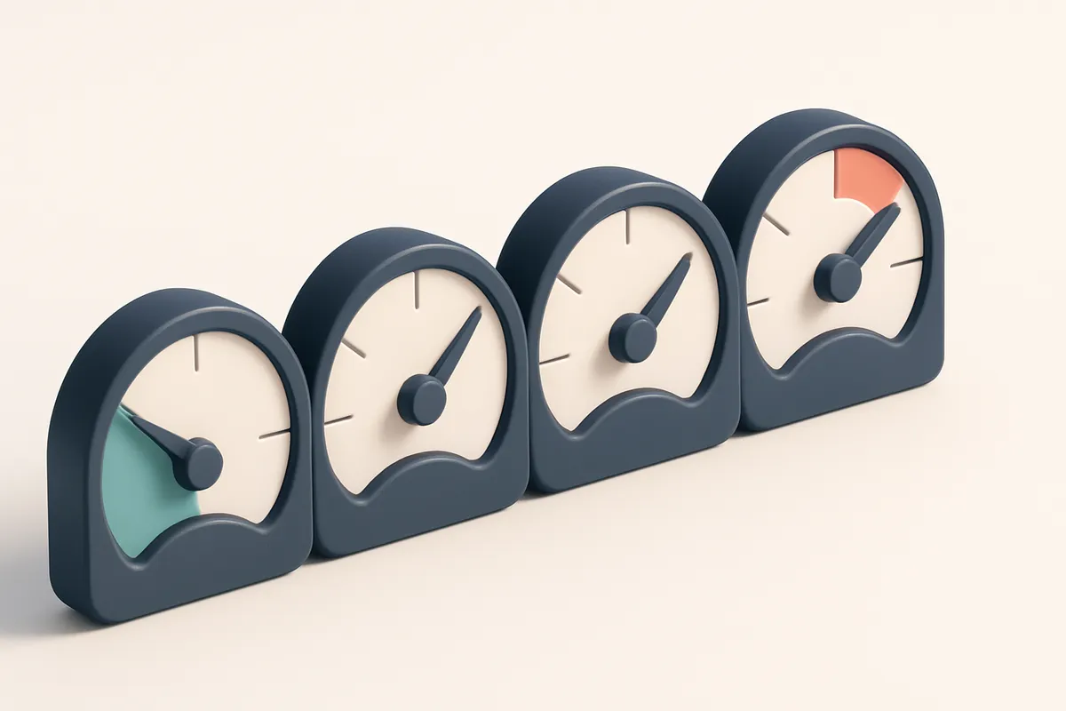 a row of four gauges labeled Low, Medium, High, Critical, each showing a different risk level