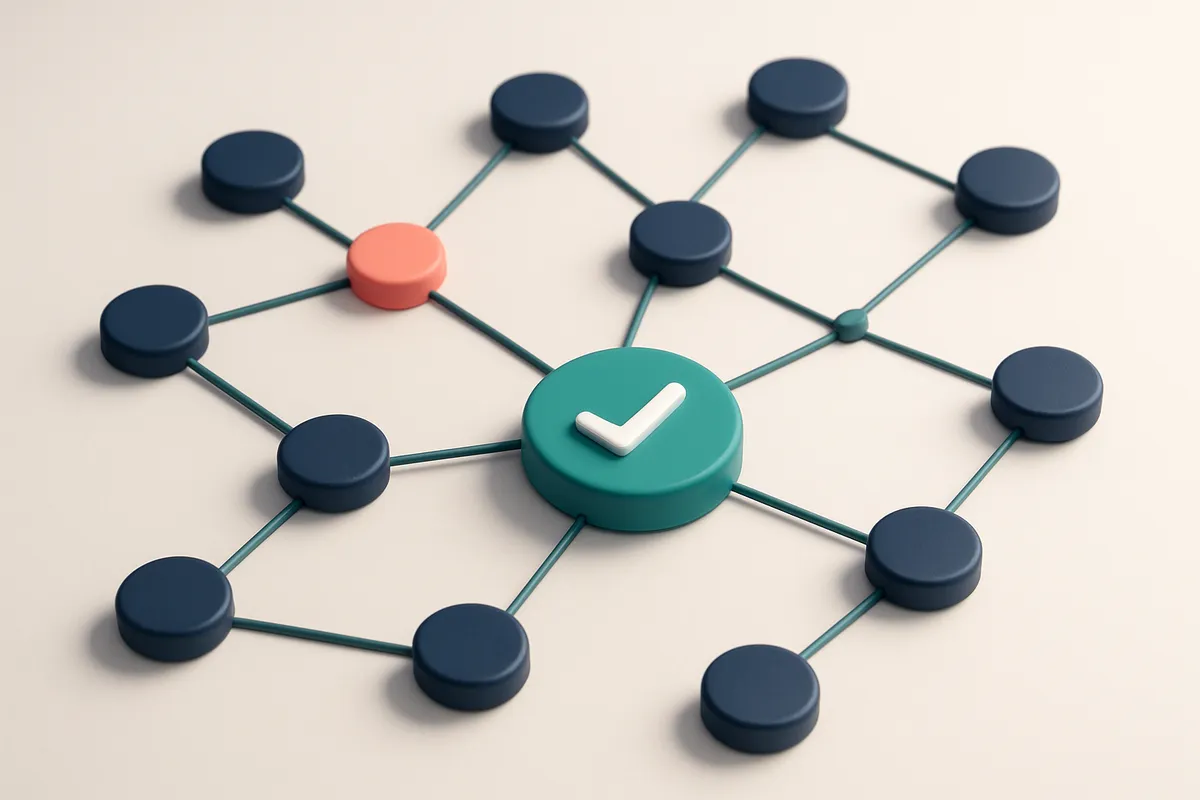 a network of small circular nodes connected by lines, with one node highlighted as 'Verified'