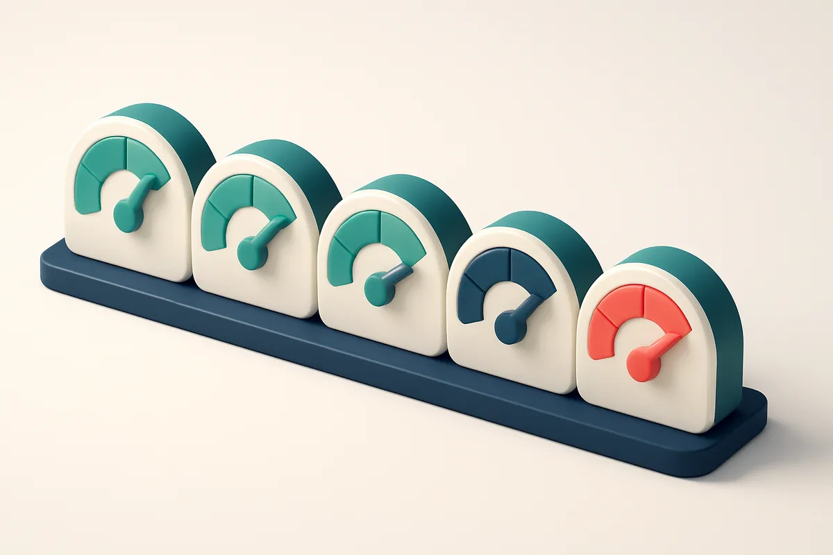 a row of five gauges showing real-time validation status (green to red)
