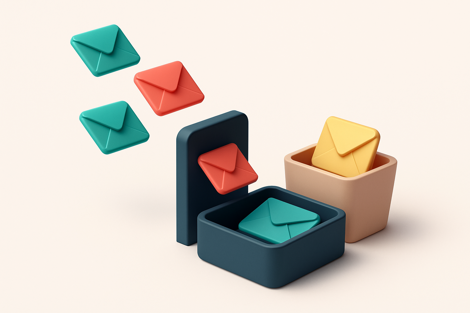 An isometric email inbox with envelopes flying in from the left: green 'valid' envelopes land on a tray marked 'Inbox',