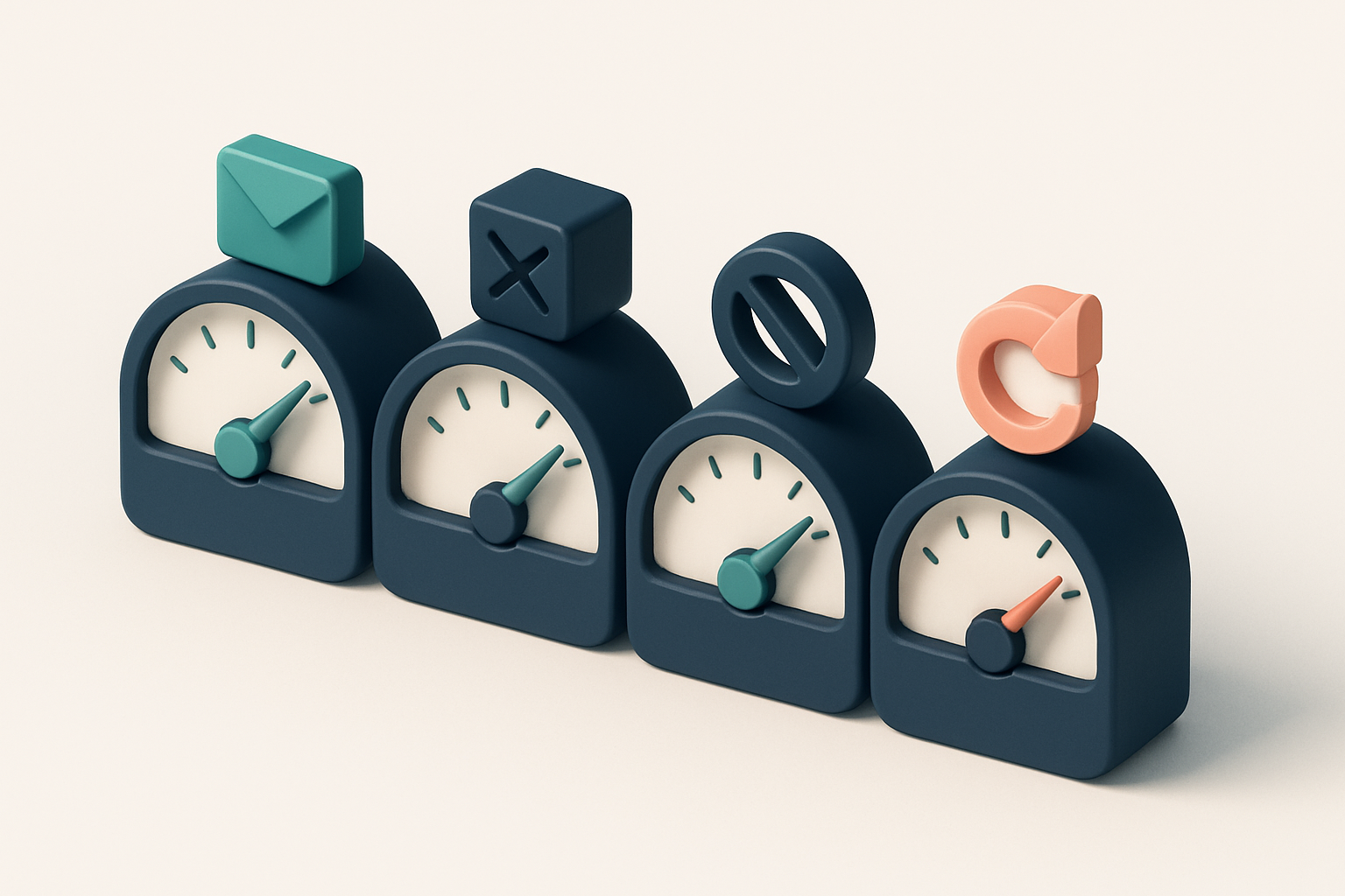 a row of four gauges showing delivery status: inbox, spam, blocked, and bounced