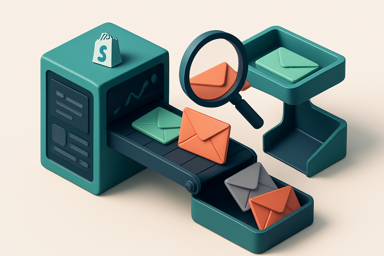 An isometric illustration of a Shopify store dashboard with a conveyor belt feeding colored envelopes: green 'valid' add