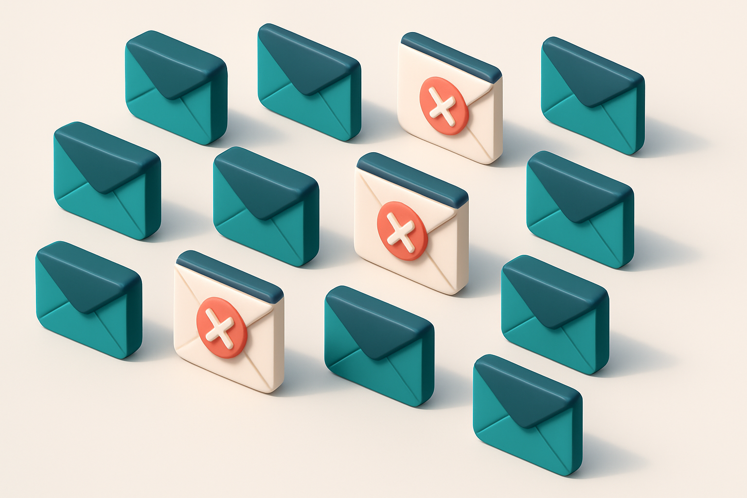 a grid of envelope icons, with some showing red X marks