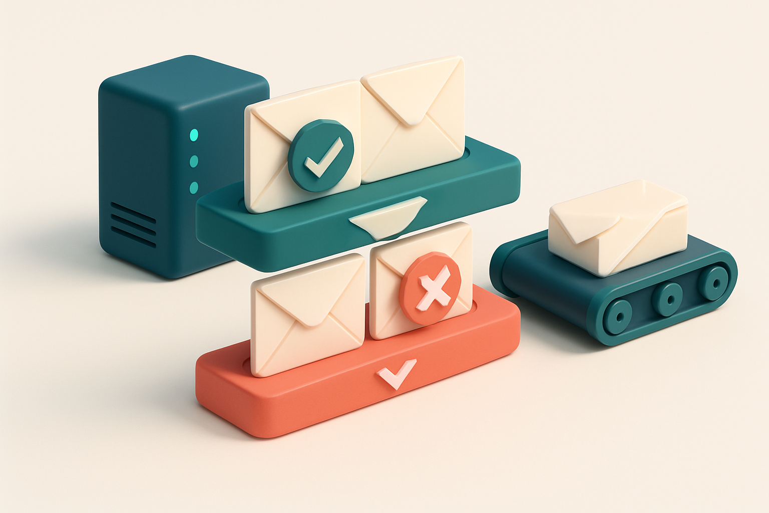 an isometric email inbox with envelopes being sorted onto two shelves: one green labeled 'valid' with checkmarks, one re