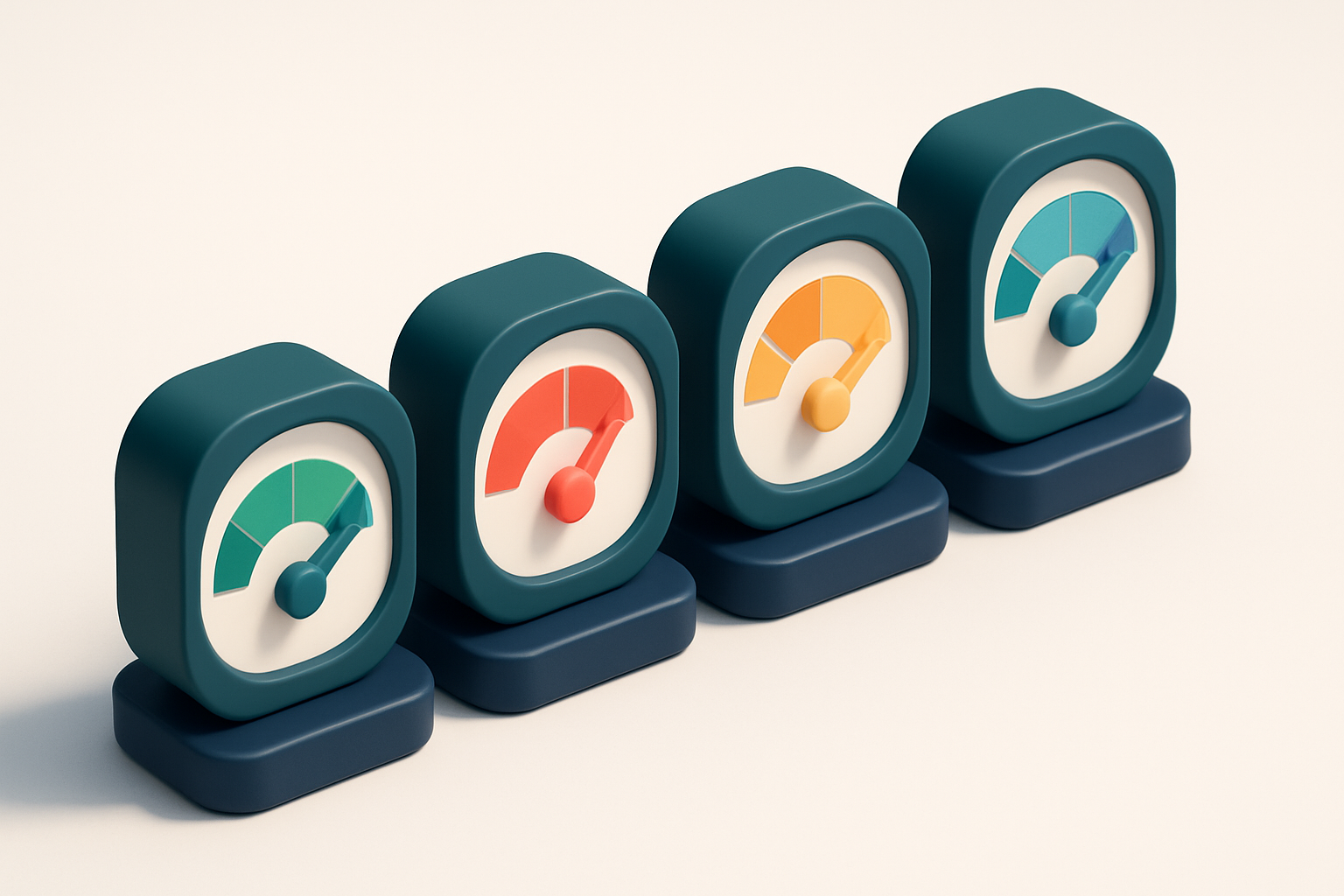 a row of four gauges, each showing a different response status: green (valid), red (invalid), yellow (risky), blue (catc