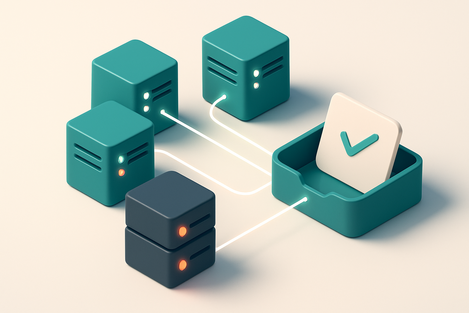 an isometric email server farm with labeled green 'SPF', 'DKIM', and 'DMARC' server units, each sending verification sig
