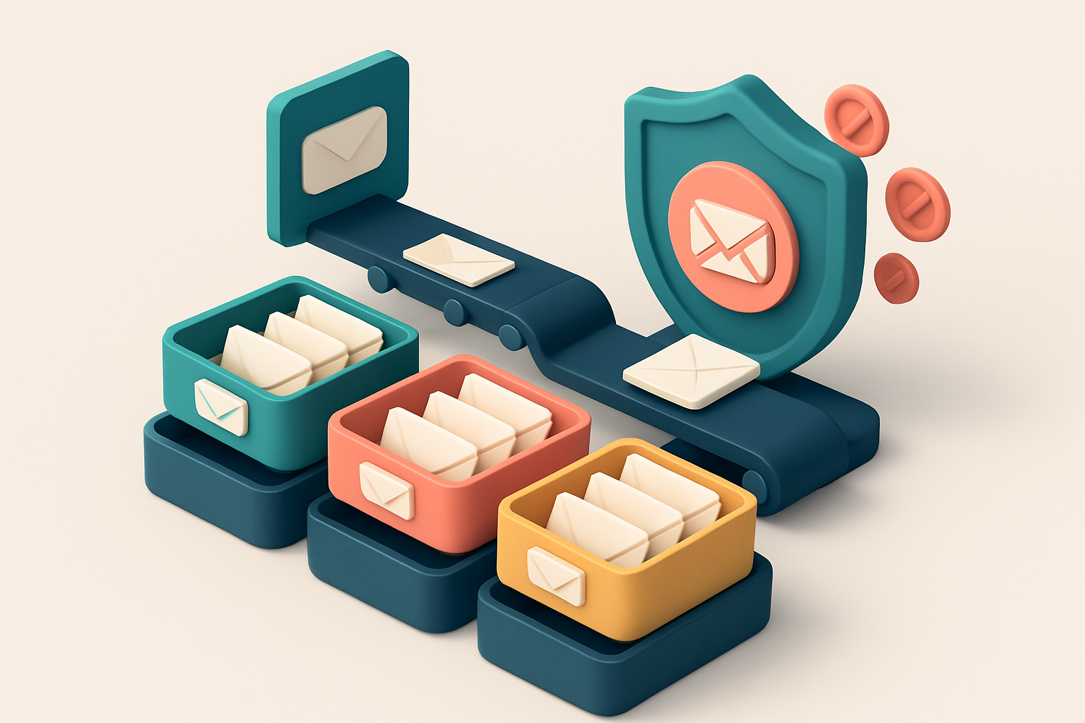 An isometric email inbox with envelopes sorted into three trays: green 'Valid', red 'Invalid', and yellow 'Catch-all', a
