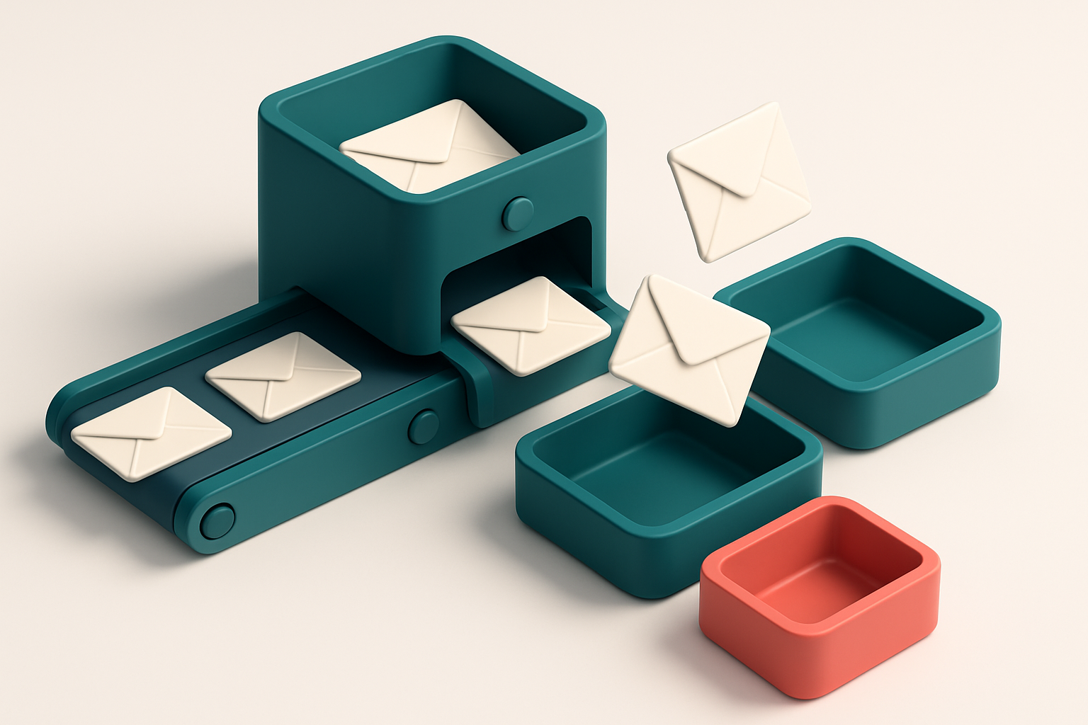 an isometric inbox with envelopes being sorted onto a green 'valid' tray and a red 'invalid' tray, a conveyor belt feedi