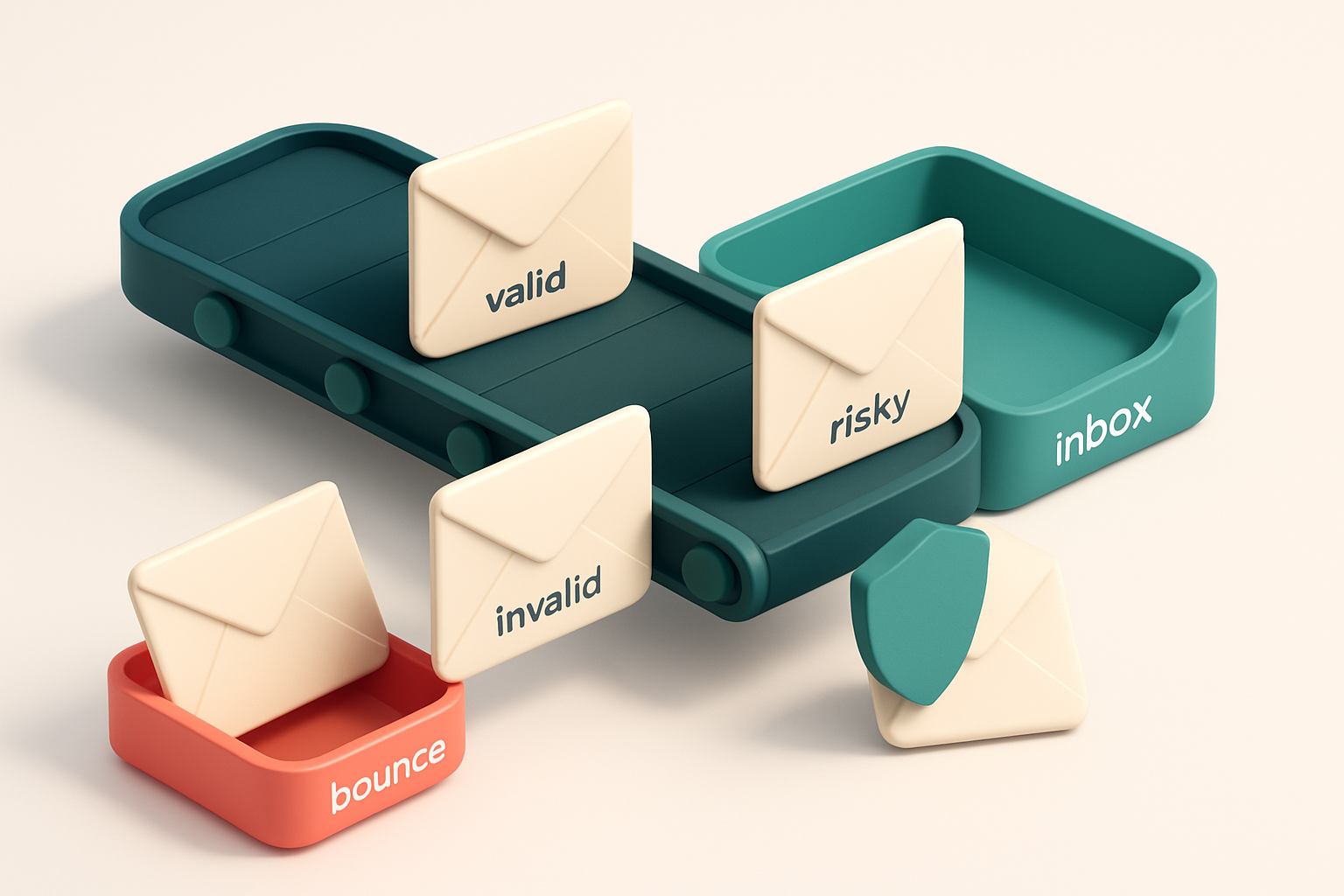 An isometric email inbox with envelopes labeled 'valid', 'invalid', 'catch-all', and 'risky' moving along a conveyor bel