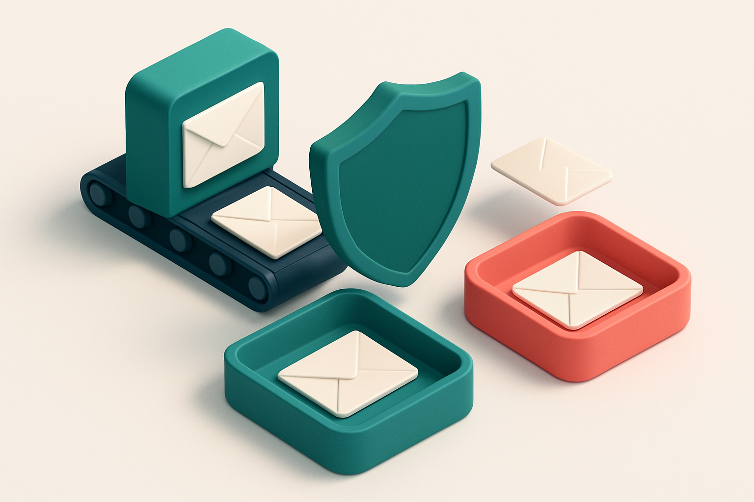 Hero: an isometric email inbox with envelopes being sorted onto a green 'valid' tray and a red 'invalid' tray, a conveyo