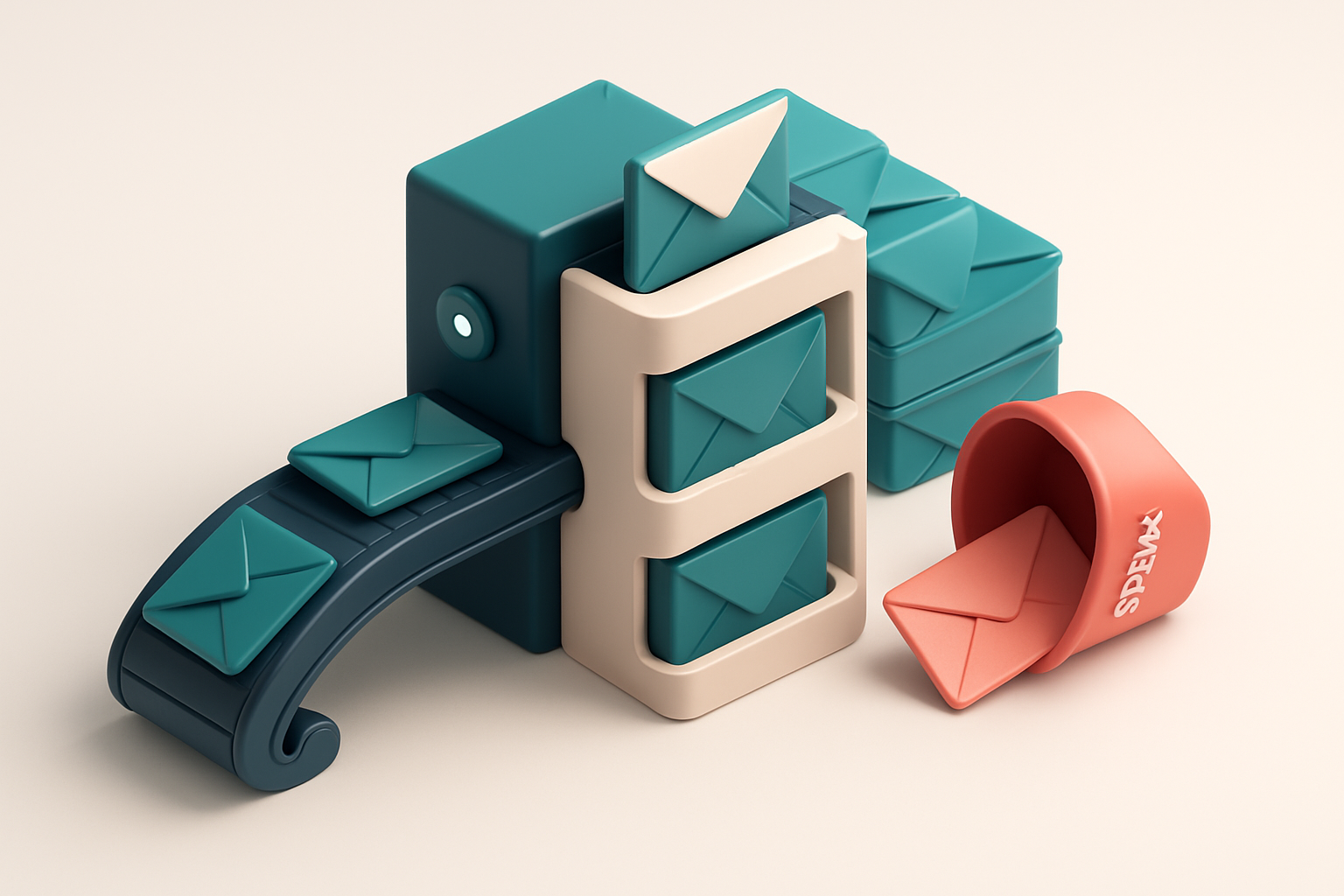an isometric email inbox stacked with envelopes labeled 'Valid', 'Invalid', 'Catch-all', and 'Risky', with a conveyor be