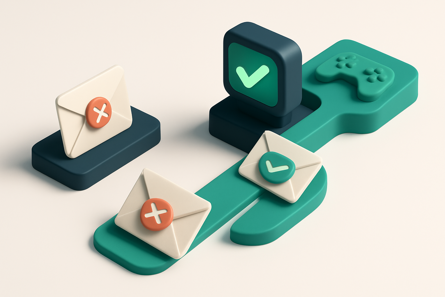 An isometric view of a gaming app referral funnel: a green 'valid' path with envelopes labeled 'Referral Invite' passing