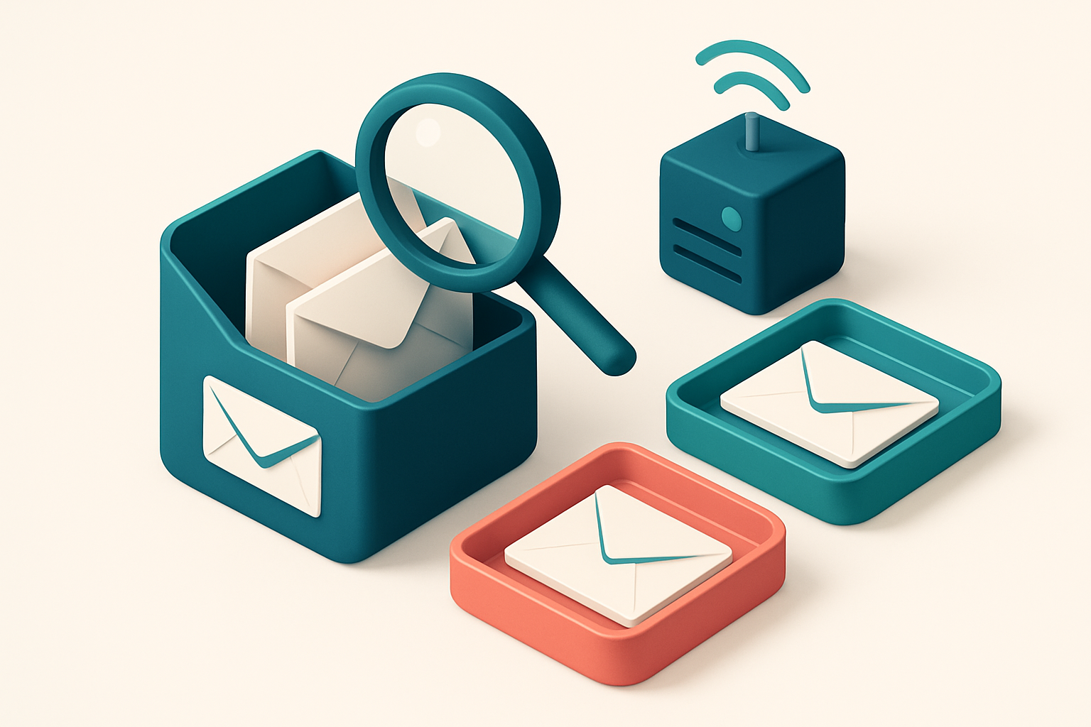an isometric email inbox with envelopes being sorted onto a green 'valid' tray and a red 'invalid' tray, a magnifying gl