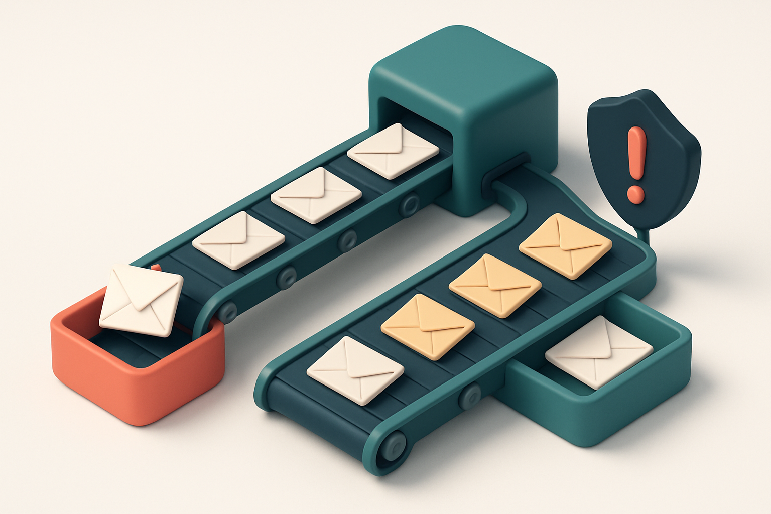 An isometric illustration of a sales pipeline with three conveyor belts: one carrying envelope-shaped leads tagged 'Inva