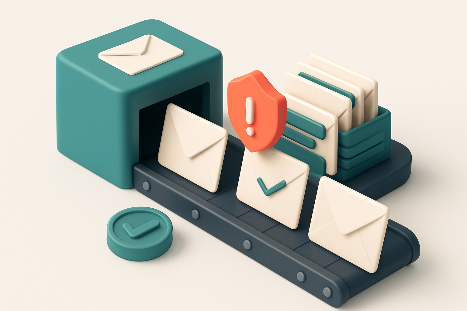 An isometric email inbox with envelopes labeled 'valid', 'risky', and 'invalid' being sorted by a digital conveyor belt;