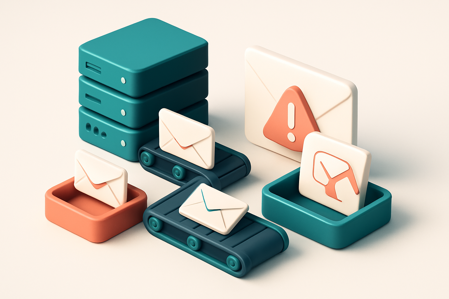 an isometric email server farm with conveyor belts feeding envelopes labeled 'Invalid' and 'Catch-All' to red 'Drop' bin