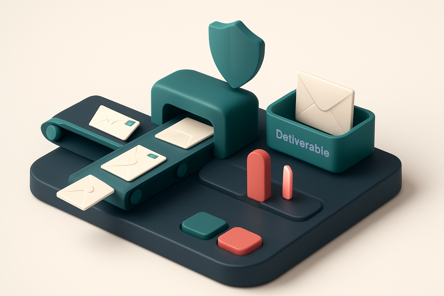 an isometric dashboard with a conveyor belt feeding envelopes into a scanner; valid envelopes go to a green tray labeled