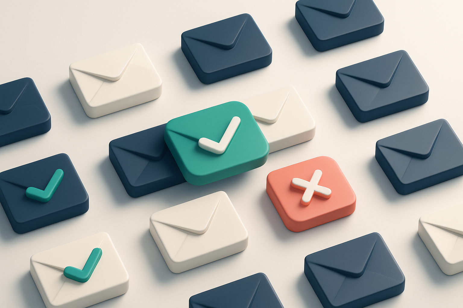 a grid of envelope icons with checkmarks on some, red Xs on others