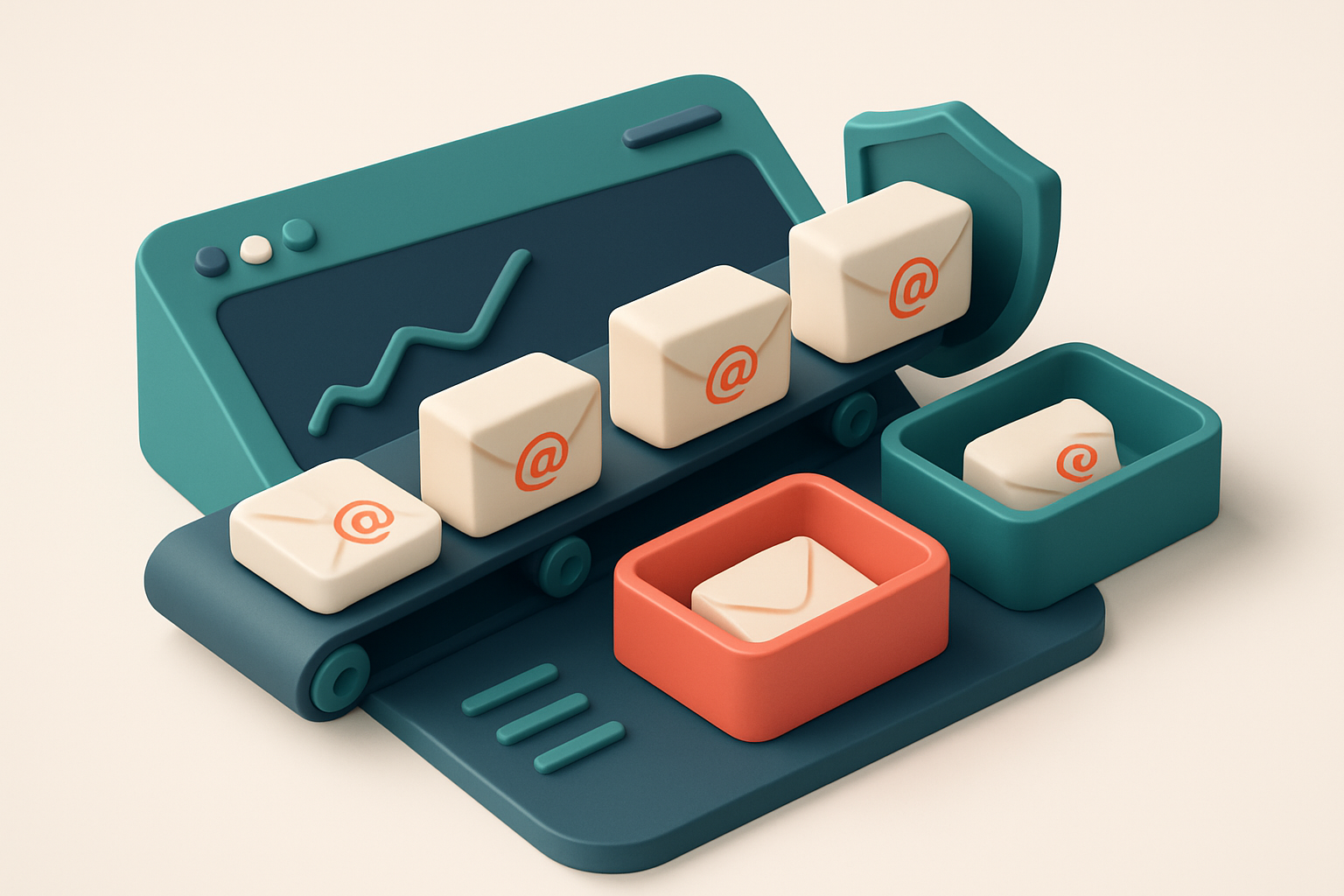 an isometric construction site dashboard with a conveyor belt feeding envelopes labeled 'info@', 'contact@', and 'test@e