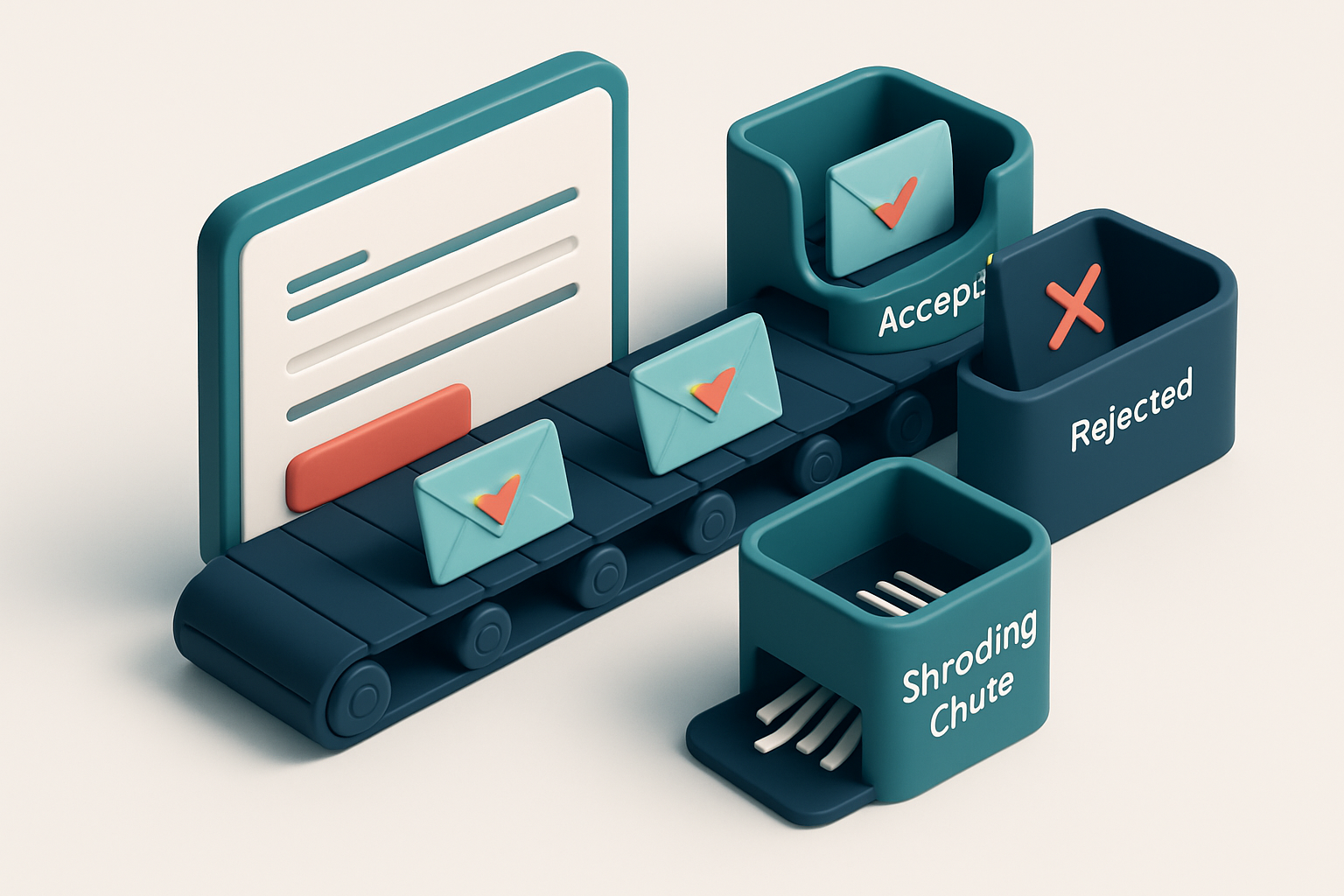 An isometric illustration of a conference registration form with a conveyor belt carrying digital envelope tickets, wher