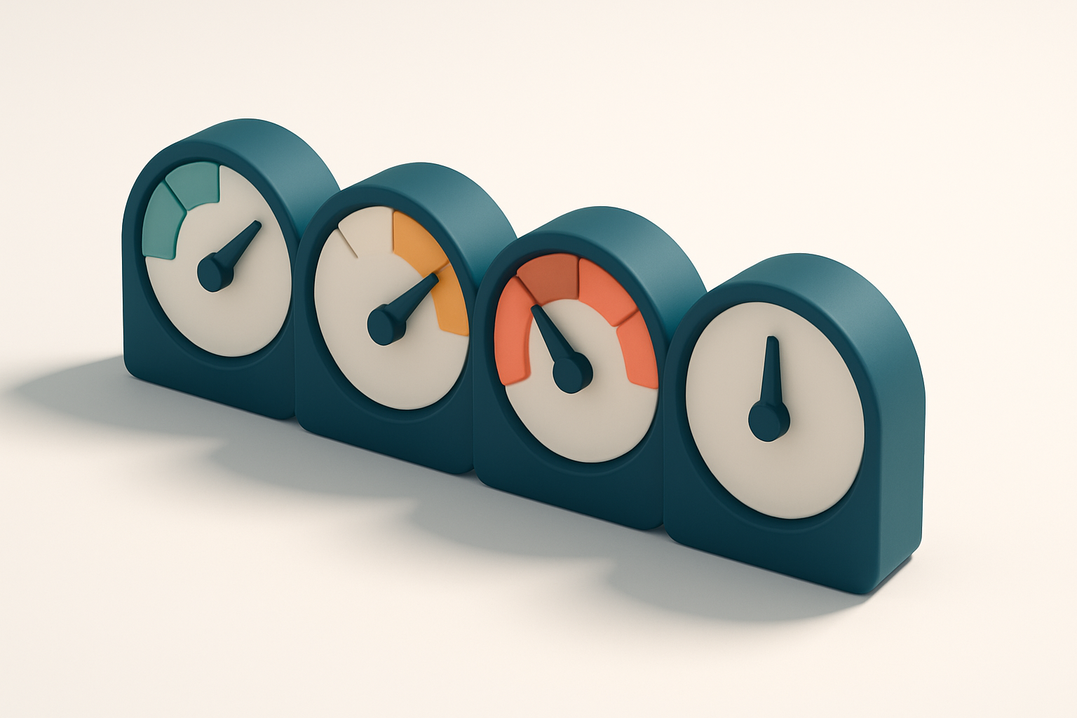 a row of four gauges with indicators showing green, yellow, red, and neutral states