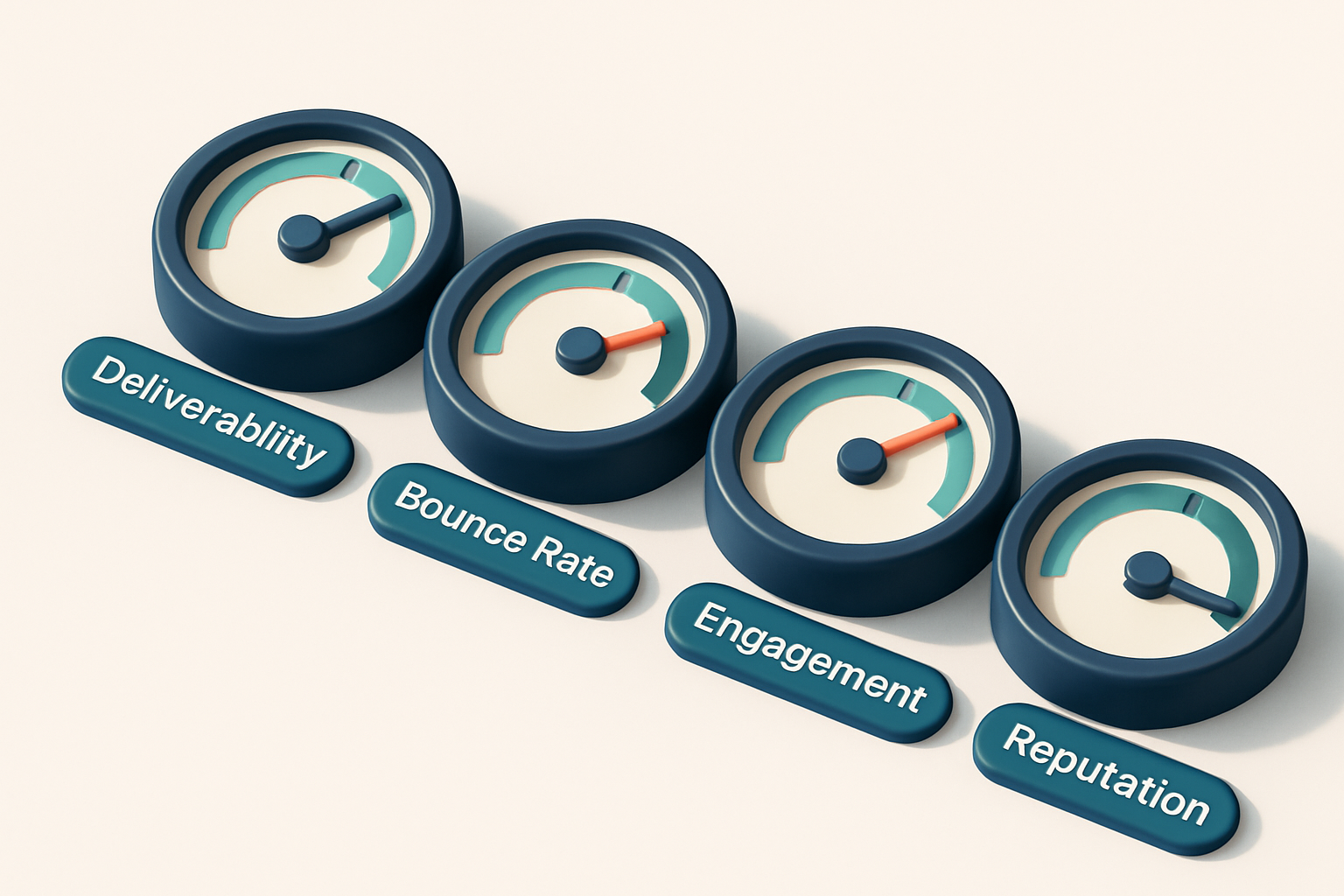 a row of four gauges with different labels: 'Deliverability', 'Bounce Rate', 'Engagement', 'Reputation'
