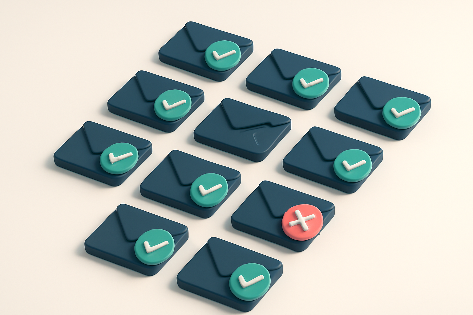 a grid of envelope icons with checkmarks on most, one crossed out