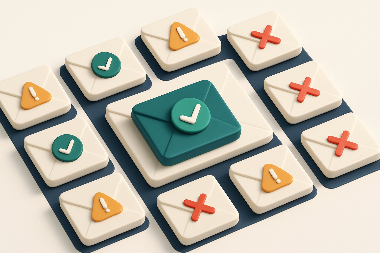 a grid of envelope icons, each with a different verification verdict (checkmark, cross, warning sign)