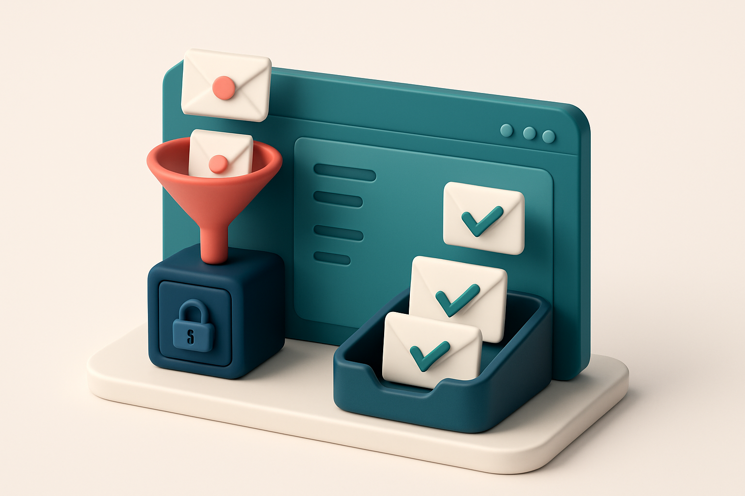 An isometric email dashboard with a red 'bounced' funnel leading to a locked server vault, while green 'deliverable' ema