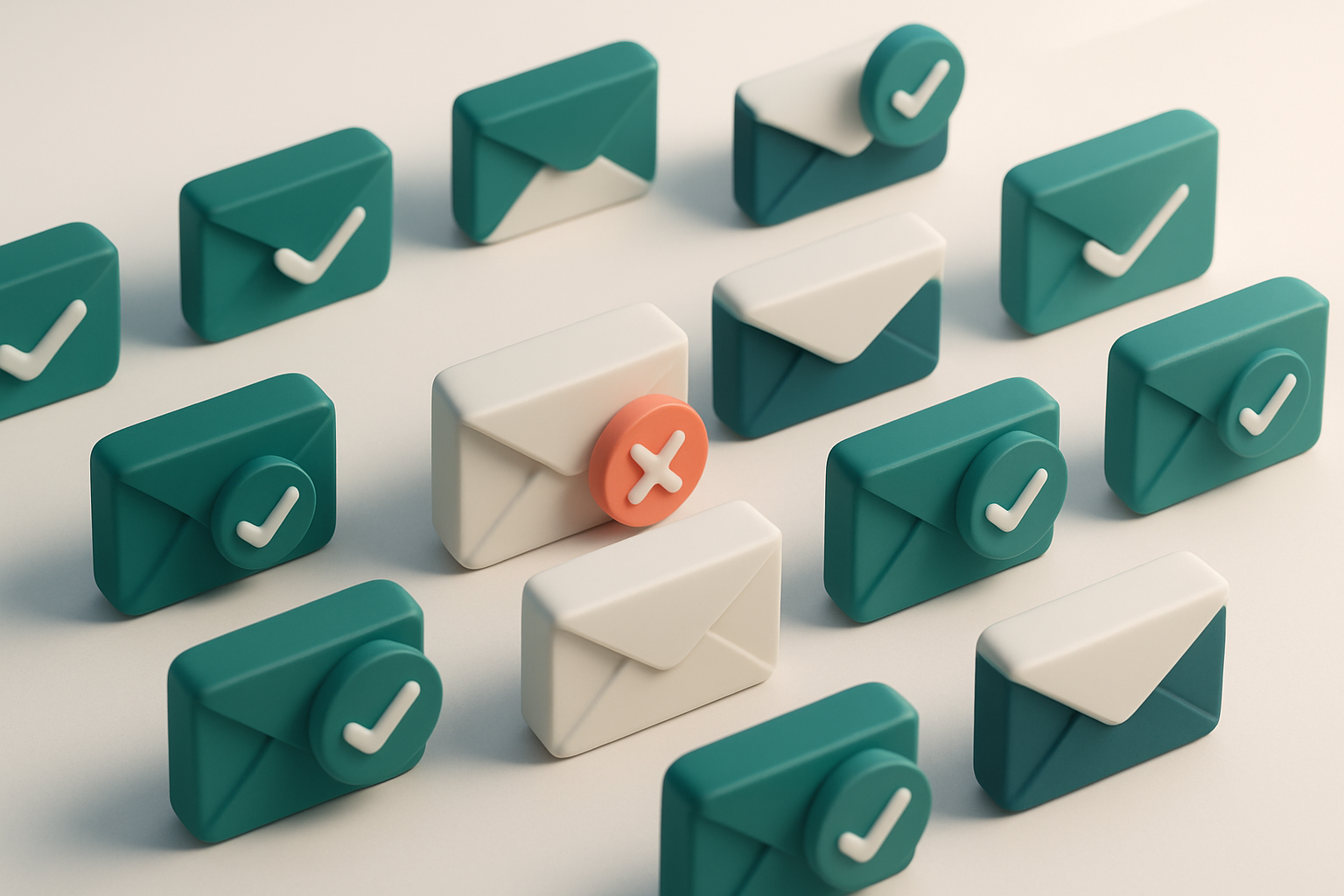 a grid of envelope icons with checkmarks and red Xs mixed in