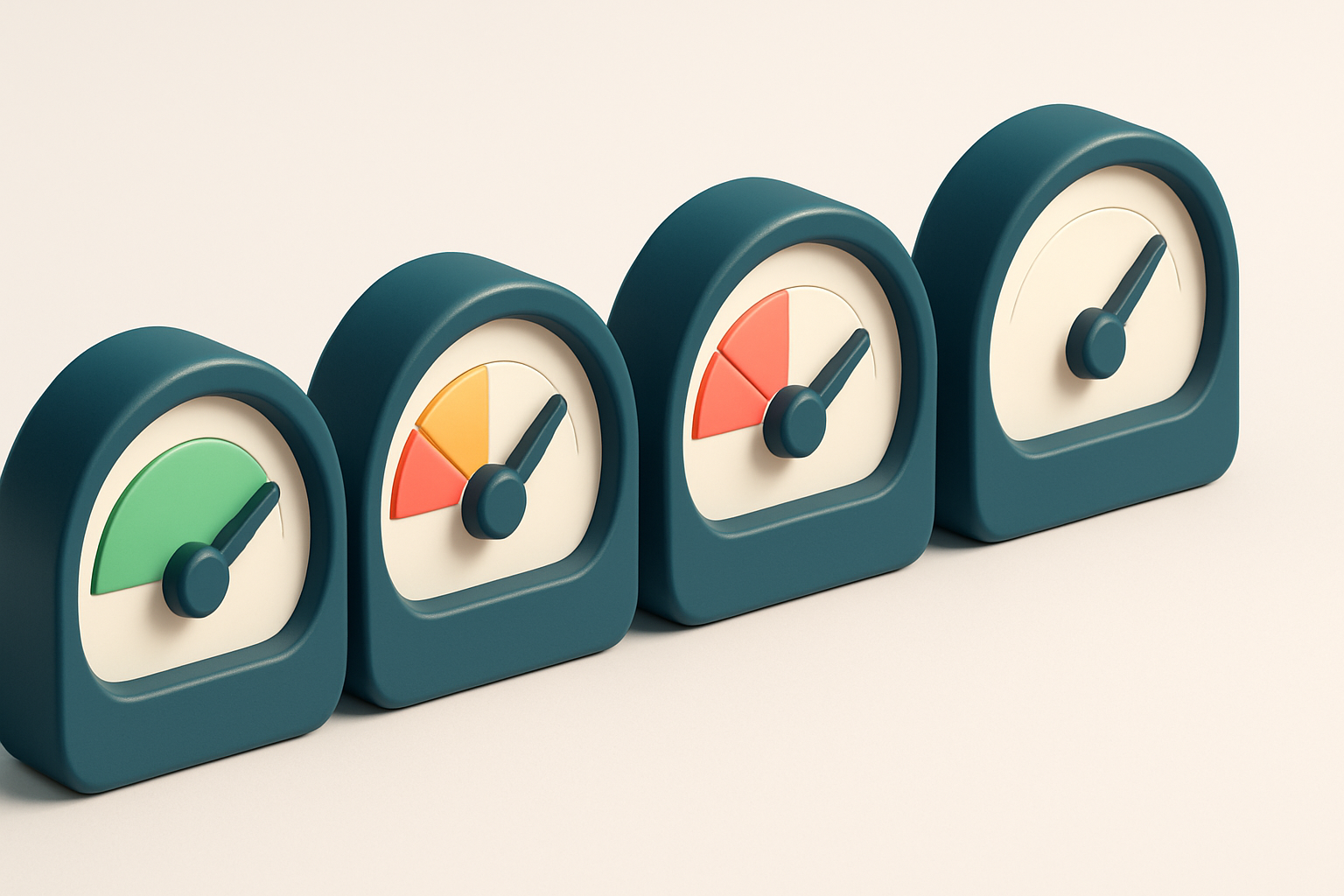 a row of four gauges showing green, yellow, red, and gray levels