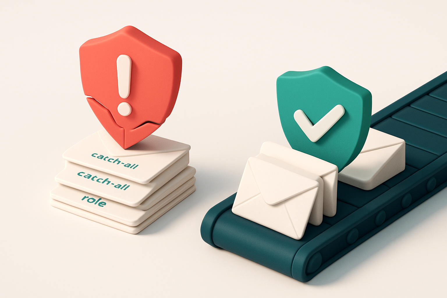 An isometric illustration of a red alert shield cracking open over a stack of envelopes labeled 'invalid', 'catch-all',
