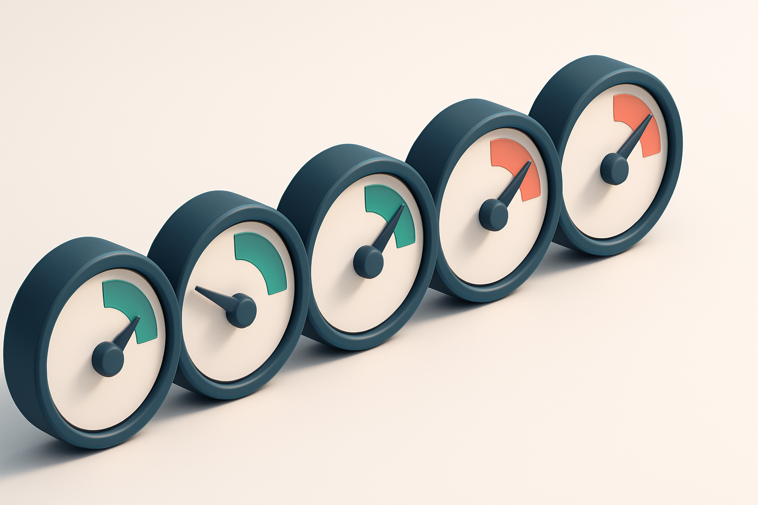 a row of five gauges with varying needle positions, each labeled with a risk level