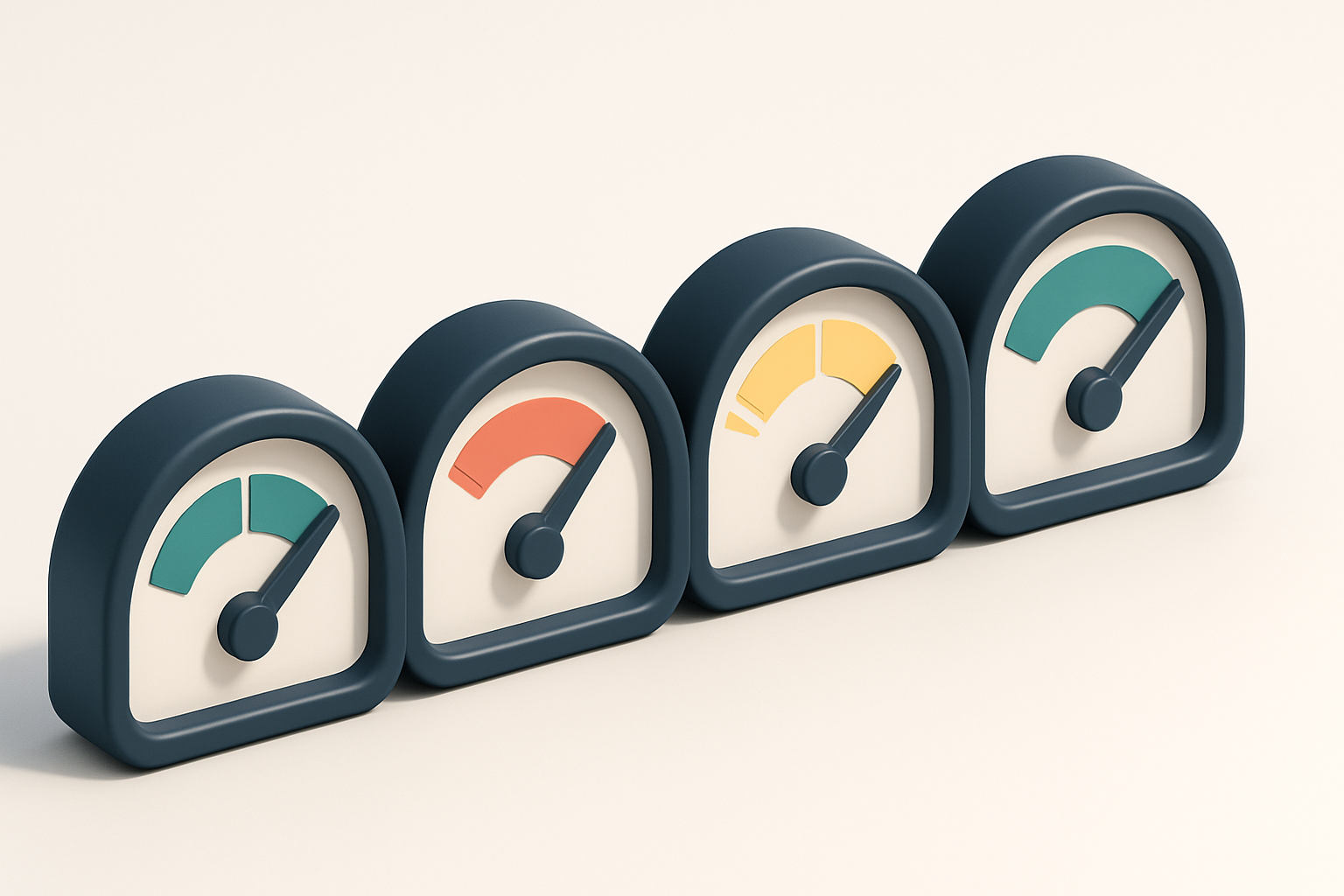 A row of four gauges, each showing a different state: green (valid), red (invalid), yellow (risky), and blue (catch-all)