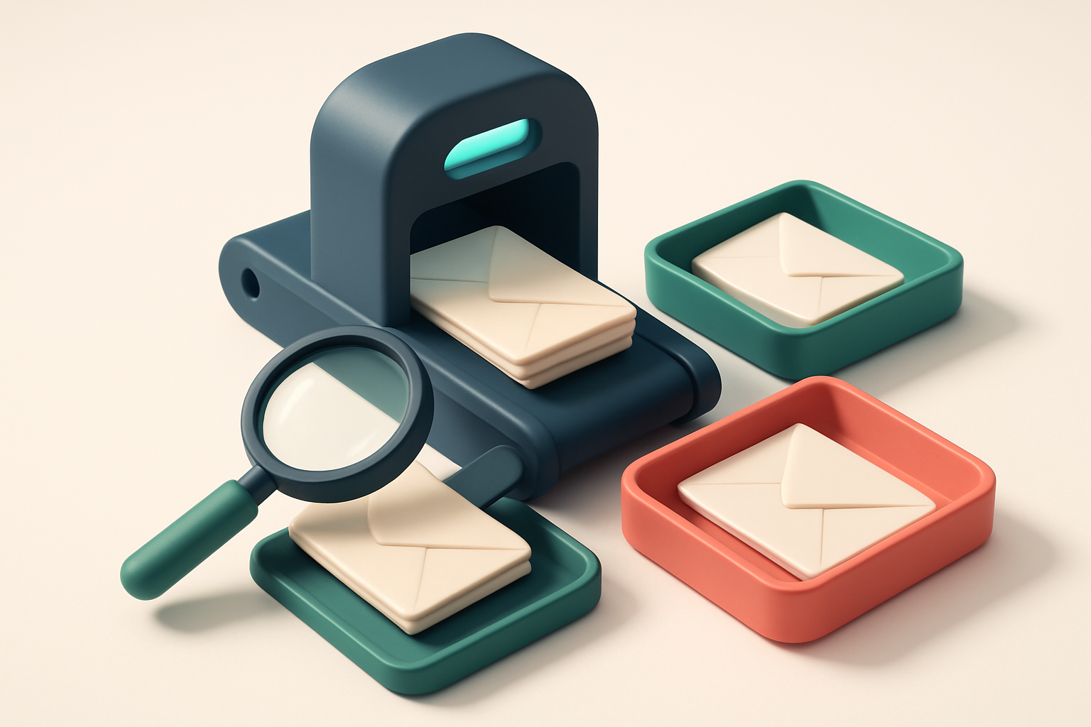 an isometric email inbox with envelopes being sorted onto a green 'valid' tray and a red 'invalid' tray, a magnifying gl