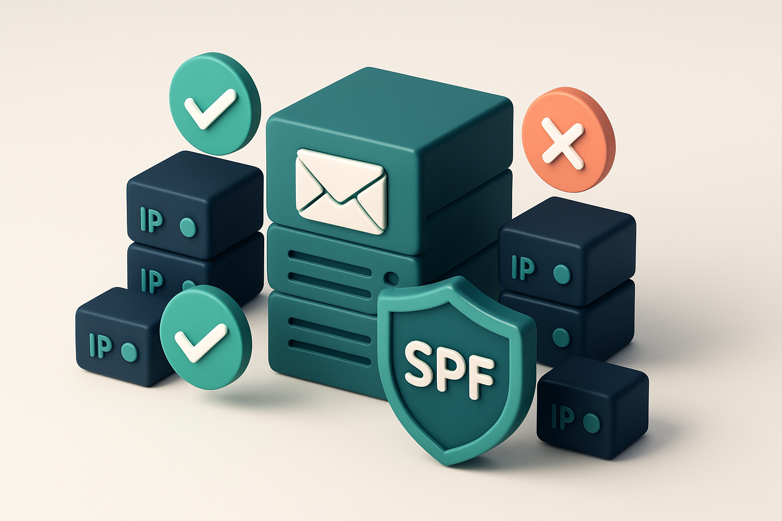 an isometric email server farm with green checkmarks above trusted IP addresses and red x marks over unauthorized IPs, a