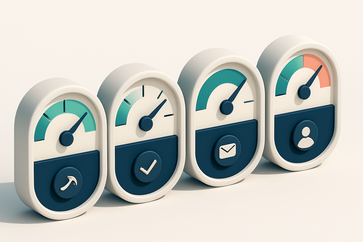 a row of four gauges, each with different readouts showing bounce rate, validity, deliverability, and reputation
