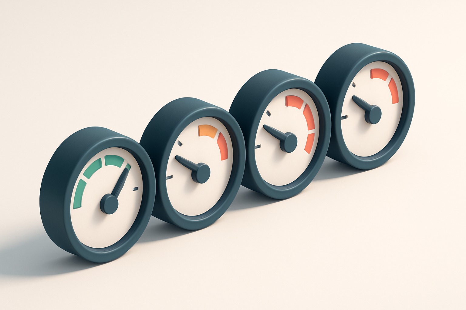a row of four gauges with different color indicators (green, yellow, red, orange)