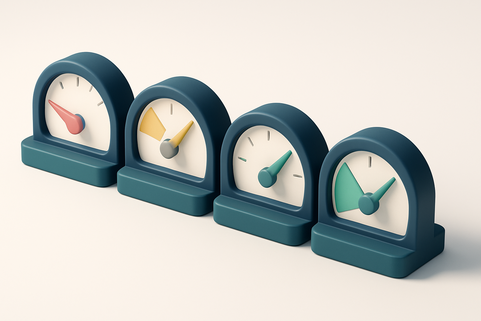 a row of four gauges with varying levels, one red (invalid), one yellow (risky), one green (valid)