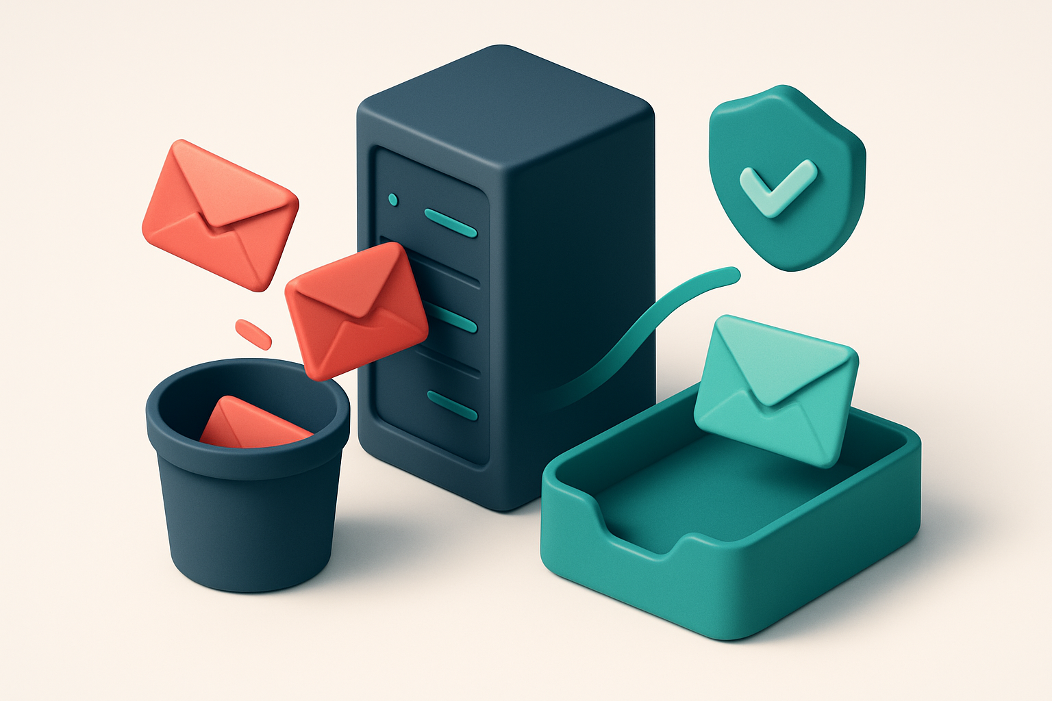 an isometric email server rack with red envelopes labeled 'invalid' and 'catch-all' being ejected into a trash bin, gree