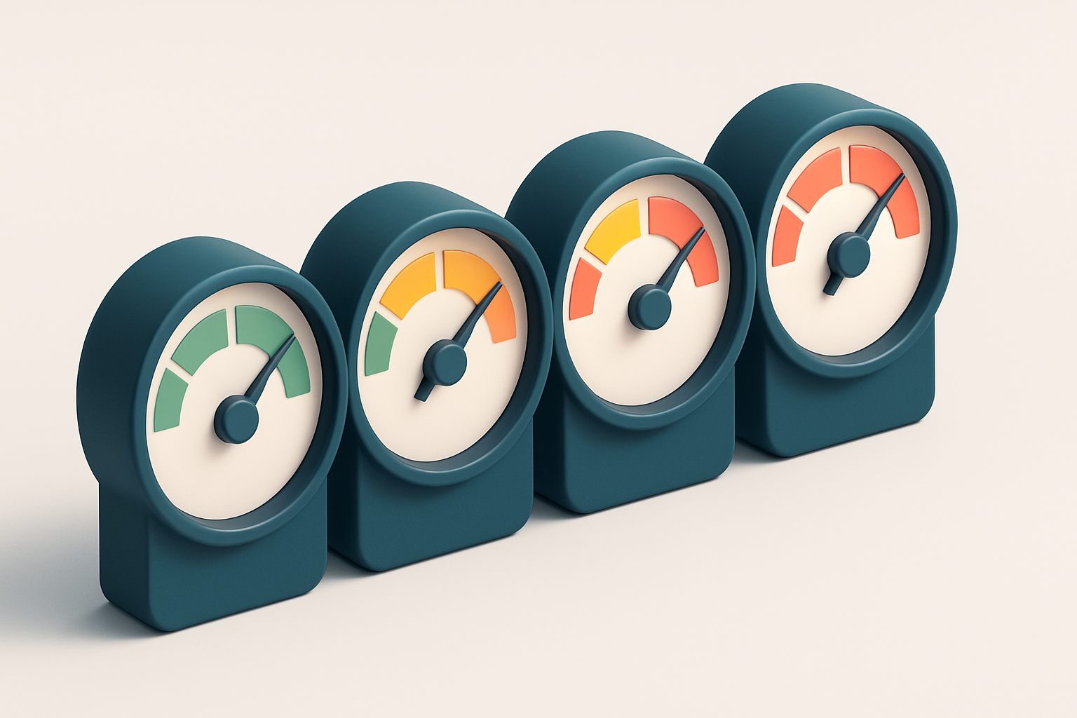 a row of four gauges with varying levels of red, yellow, and green indicators