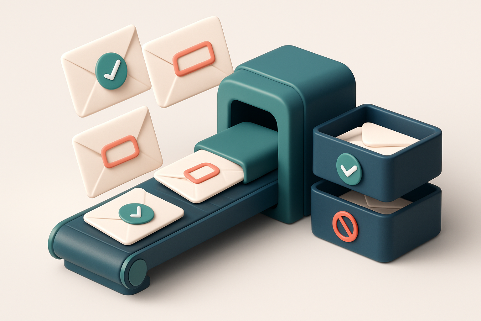 an isometric stack of envelopes with green checkmarks on some, red 'invalid' stamps on others, and a conveyor belt movin