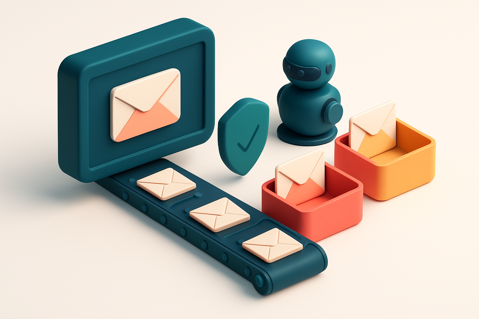 an isometric email inbox with a conveyor belt feeding envelopes into three trays: green 'valid', red 'invalid', and yell