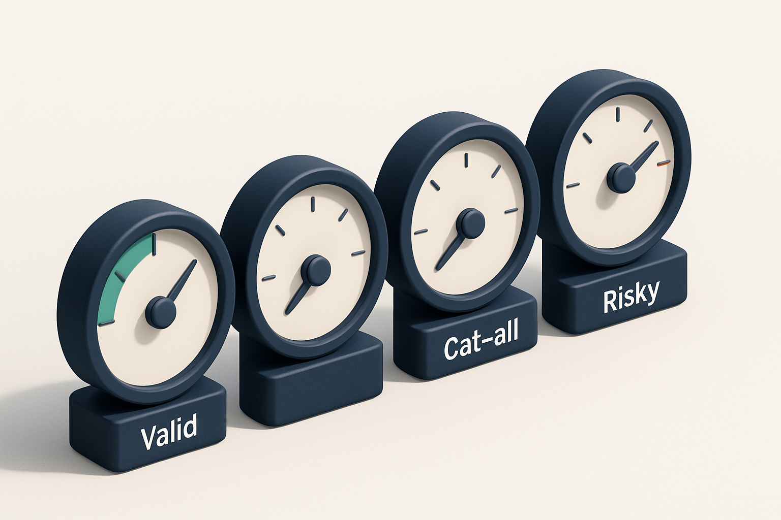 A row of four gauges, each with a different color and label: Valid, Invalid, Catch-All, Risky