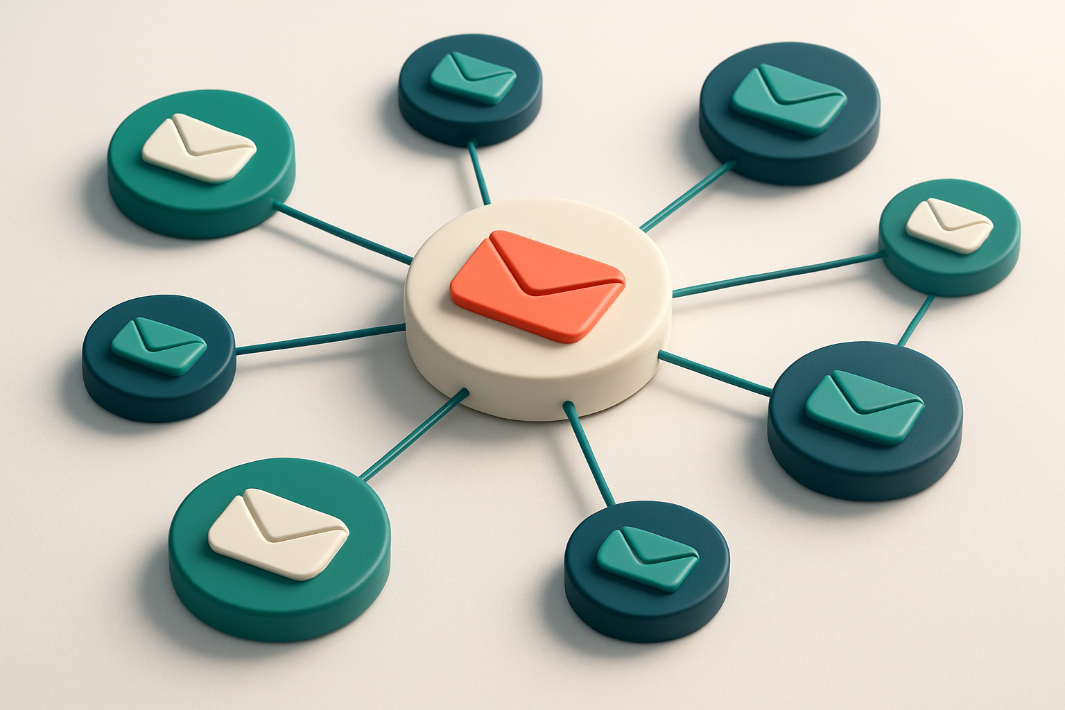 A network of small circular nodes connected by thin lines, each node showing a different email domain shape