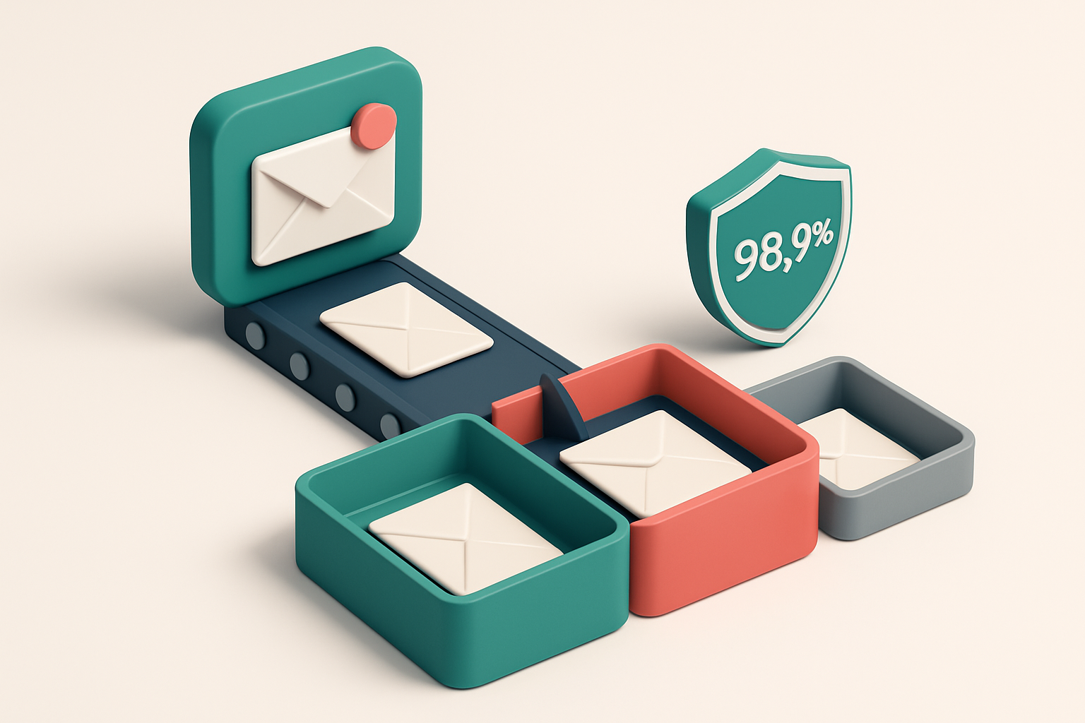 An isometric email inbox with a conveyor belt sorting envelopes into three trays: green for 'valid', red for 'invalid',