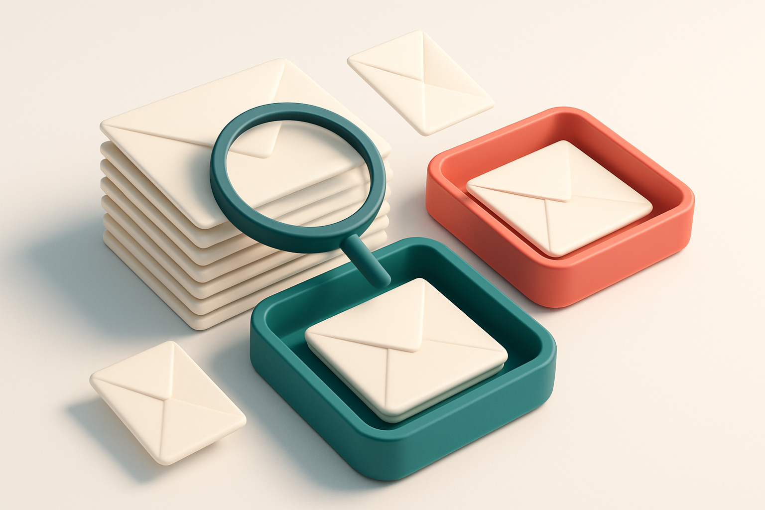 an isometric email inbox with envelopes being sorted onto a green 'valid' tray and a red 'invalid' tray, a magnifying gl
